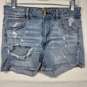 American Eagle Hi-Rise Shortie Denim Shorts Distressed‎ Ripped Blue Sz 8
